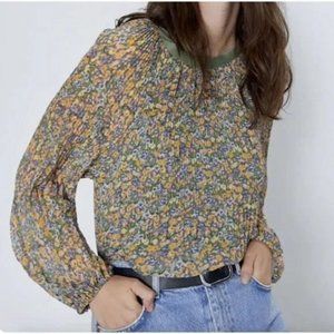 Zara Ditsy Floral Pleated Chiffon Effect Balloon Sleeve Top Size S